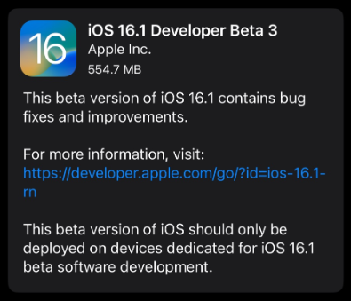 iOS 16.1開發者預覽版Beta 3發佈：改進各項細節功能