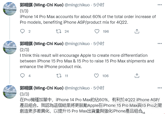 iPhone 14 Pro Max人氣高，可能導致iPhone 15 Pro / Max 有更多差異