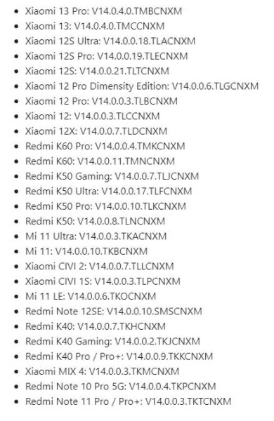 Xiaomi MIUI 14 업그레이드된 모델 목록의 첫 번째 배치