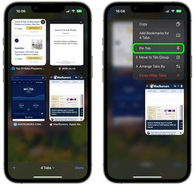 iPhone 14 पर Safari में टैब कैसे पिन करें