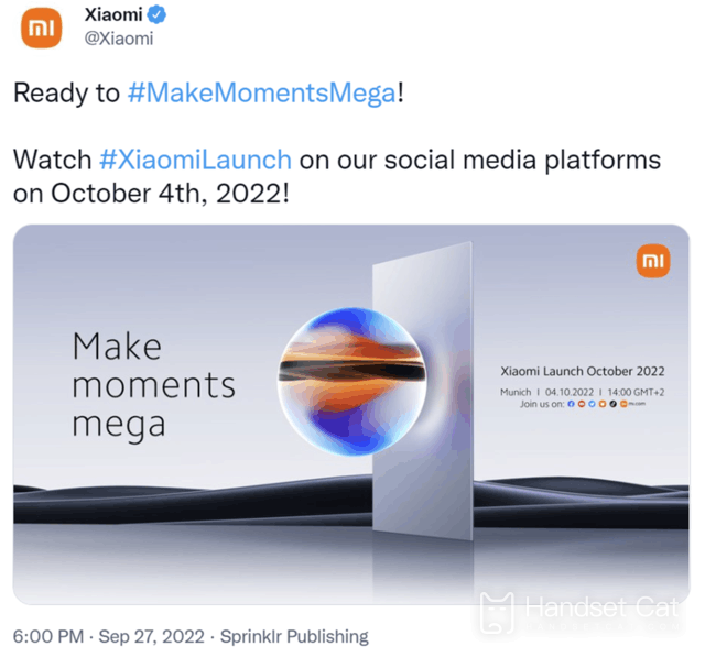 Xiaomi official announced that a press conference was held on October 4 to launch various new products such as Xiaomi 12T