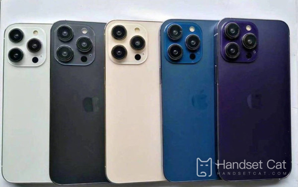 Modelo do iPhone 14 Pro exposto, cinco cores para escolher